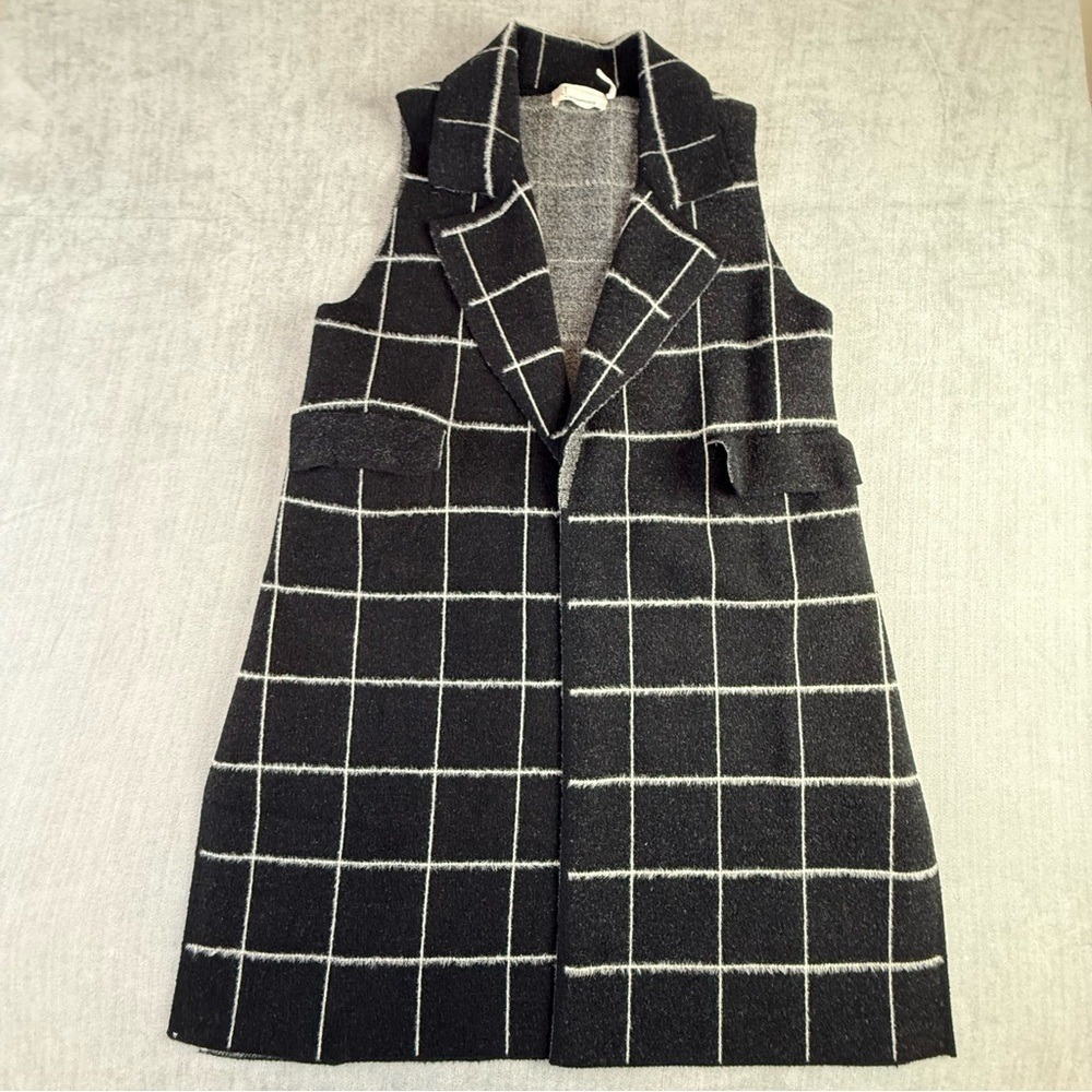 Anthropologie‎ Windowpane Plaid Longline Vest Black White One Size